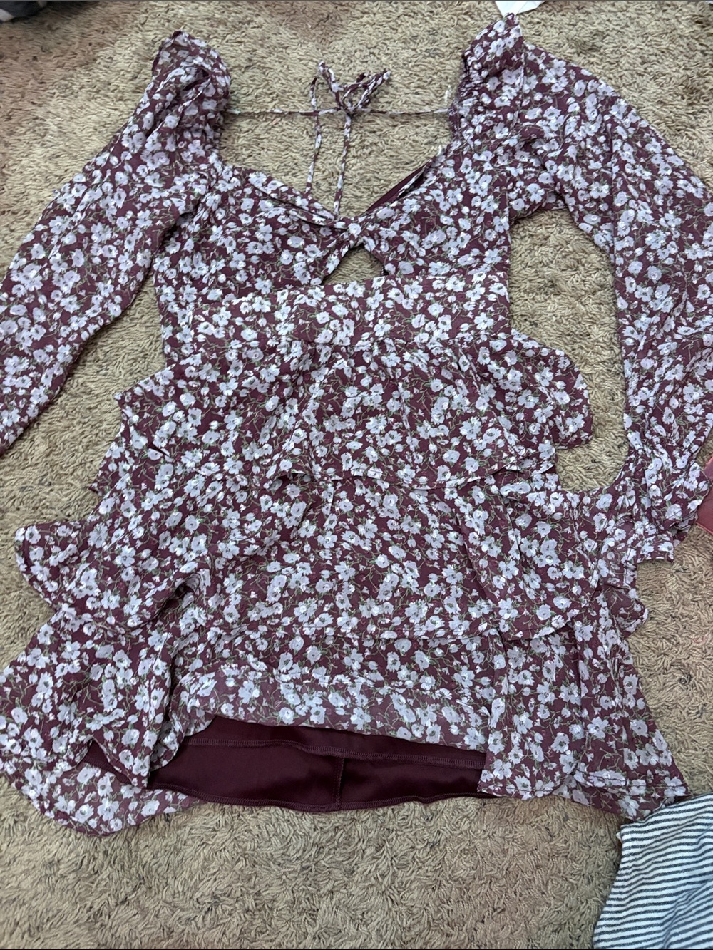 Altar'd State Burgundy Floral Long-Sleeve Ruffle Peplum Top